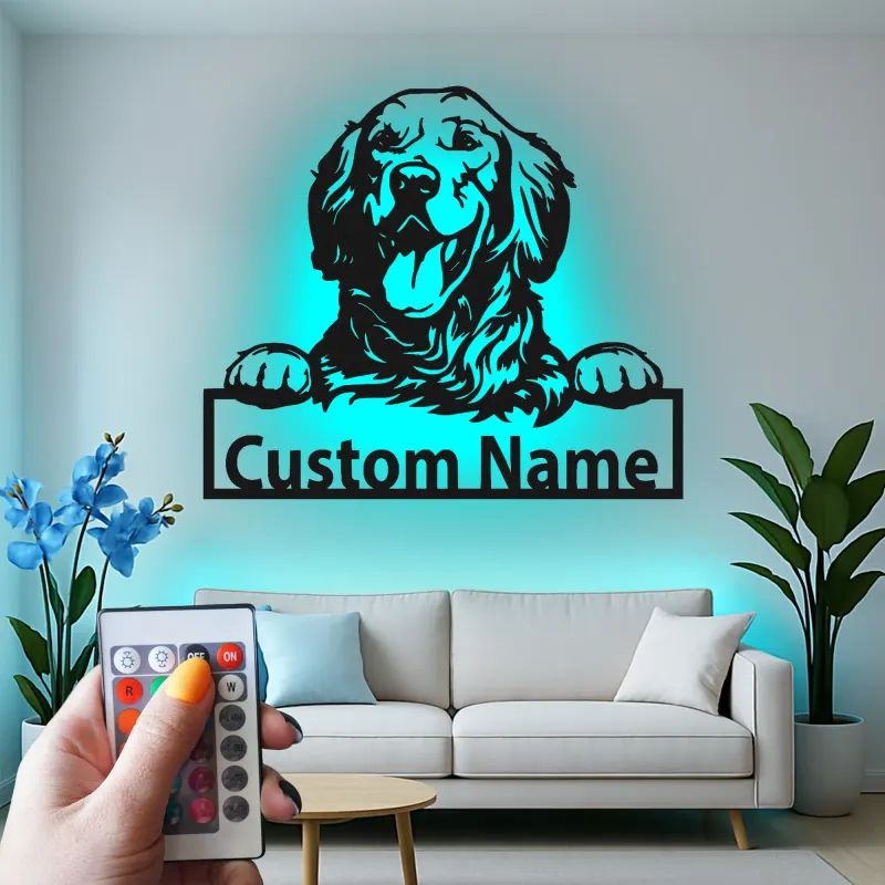 Insegna in metallo LED personalizzata per mamma di cani Golden Retriever, regalo per il soggiorno