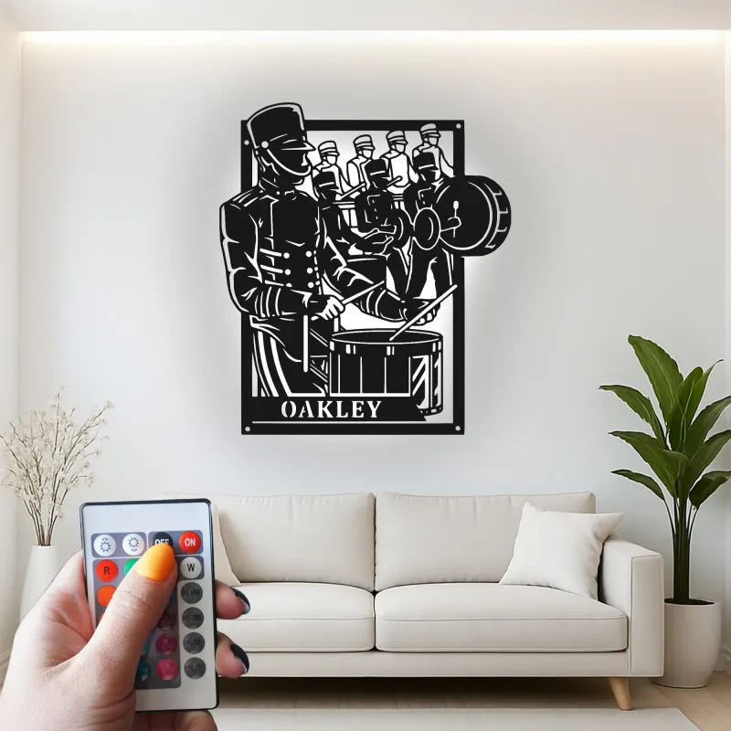 Insegna in metallo personalizzata per batteristi con LED | Insegna in metallo per banda musicale | Regalo per percussionisti e decorazione per sala band