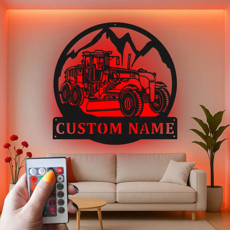 Custom Road Grader Led Light Metal Wall Art Personalized Gift for Construction Enthusiasts Garage or Office Decor