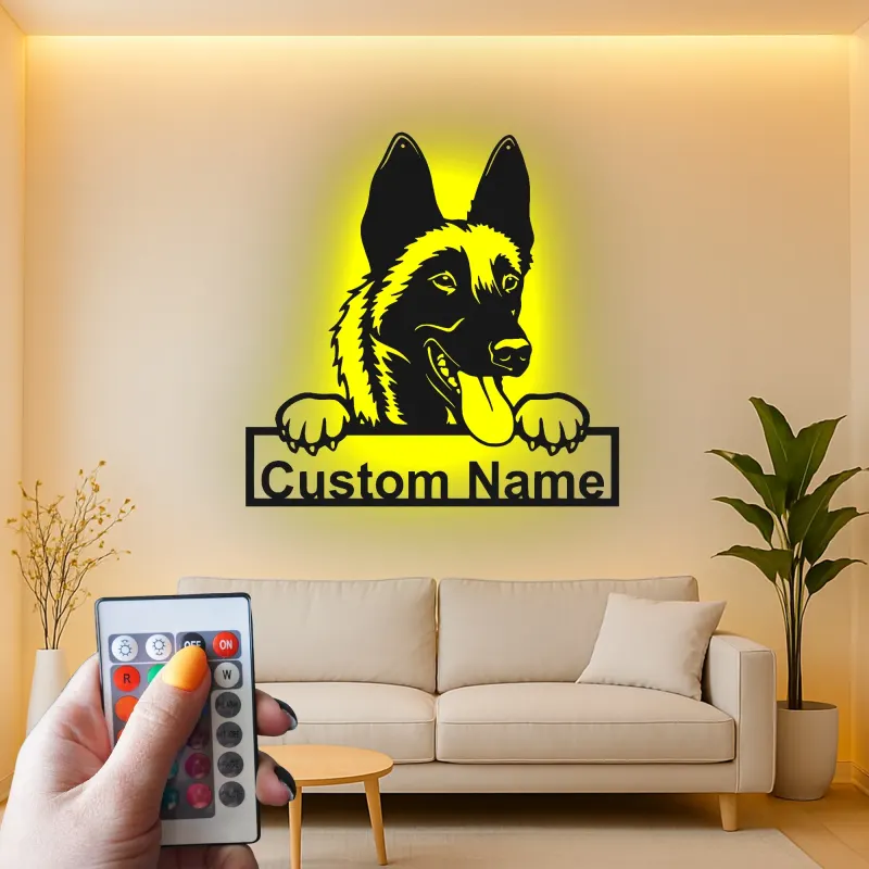 Plaque métal Berger allemand personnalisée | Décoration murale avec prénom du chien | Décor commémoratif pour animal de compagnie rétroéclairé LED pour la maison
