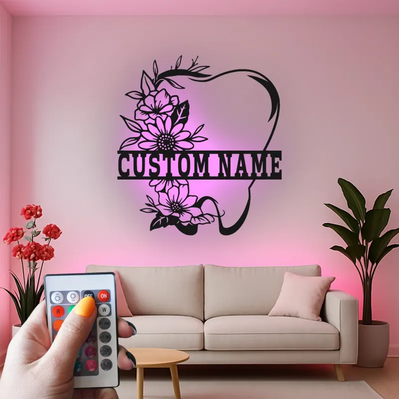 Custom Floral Tooth Led Light Metal Wall Art Personalized Dental Office Decor Unique Dentist Gift