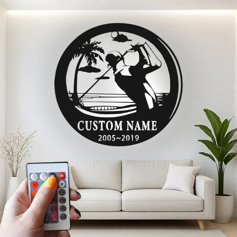 Panneau métallique personnalisé pour golfeur | Décoration murale LED pour bureau et maison | Cadeau personnalisé pour amateur de golf | Déco de man cave
