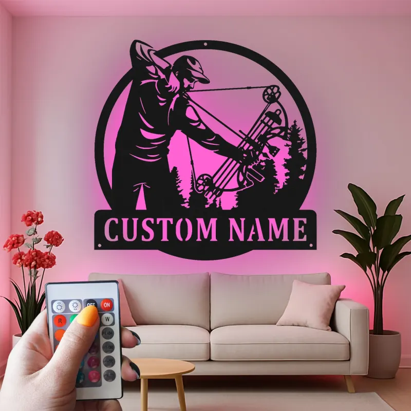 Insegna in metallo LED personalizzata per cacciatori di archi - Regalo per appassionati di tiro con l'arco - Decorazione per man cave o cabin
