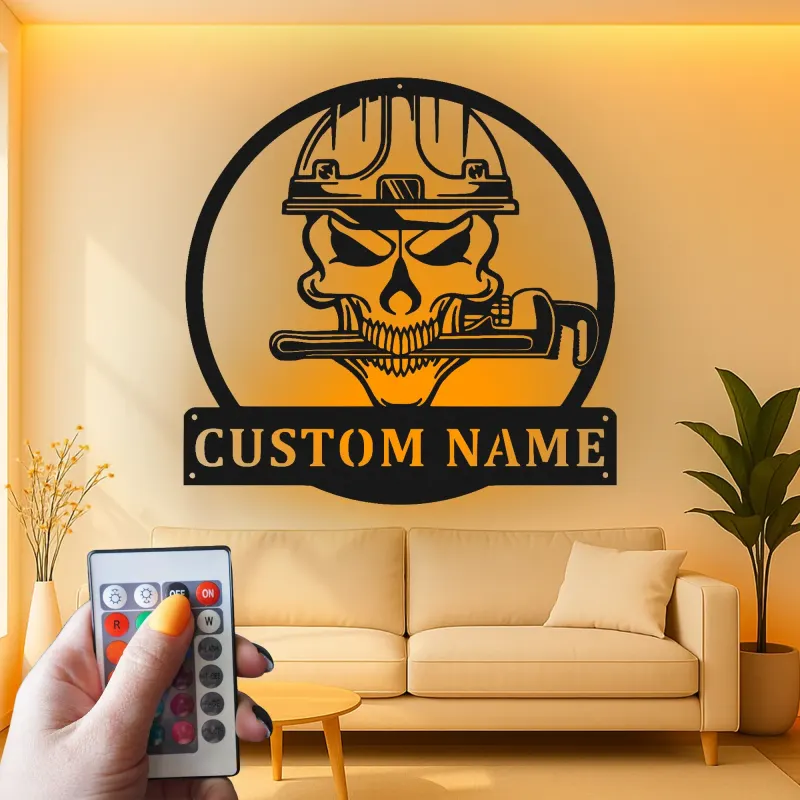 Individuelles Klempner Schädel LED Schild | Personalisierte Metall Wandkunst | Werkstatt Dekor & Garagengeschenk für Ihn | Industrielles Firmenlogo