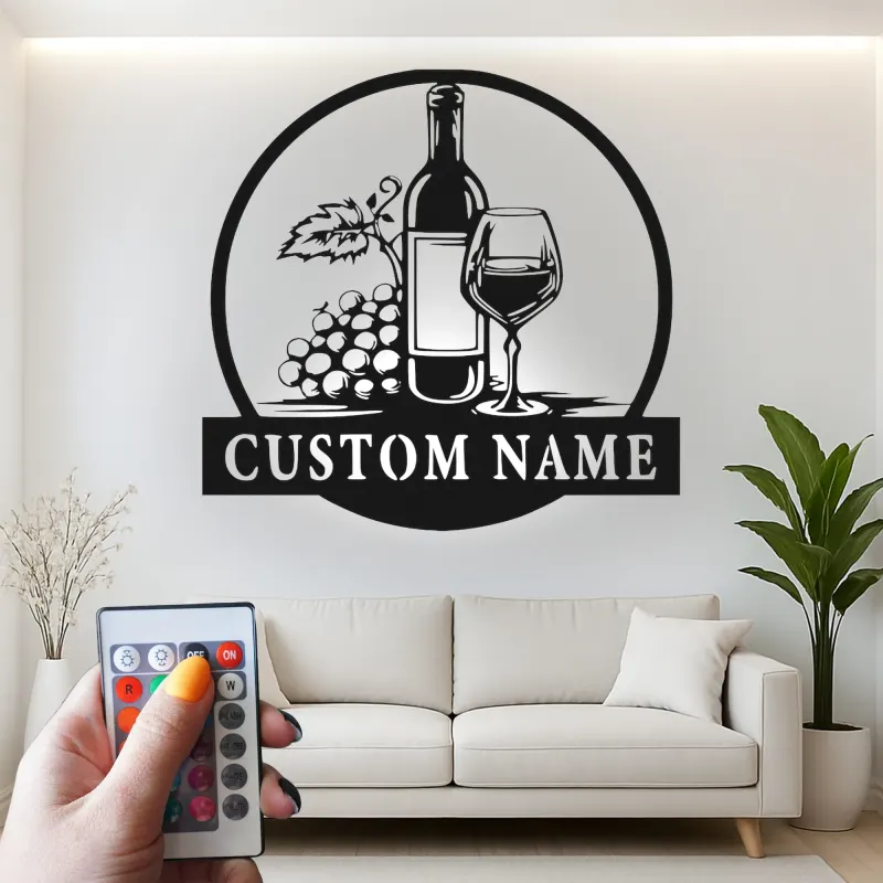 Insegna in metallo personalizzata per bottiglia di vino e bicchiere con luce LED - Regalo personalizzato per amanti del vino, decorazione per cucina o bar 1