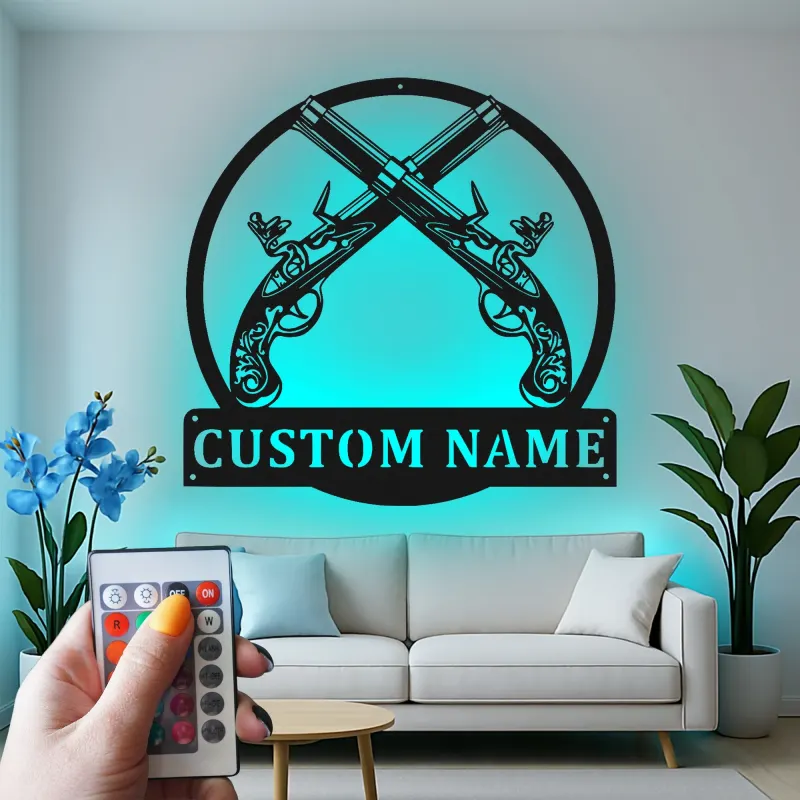 Décoration murale en métal personnalisée avec pistolets croisés et rétroéclairage LED - Cadeau pour les passionnés d'armes, décoration de cave à vin
