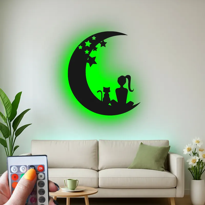 Art mural LED en métal Fille et chat | Panneau silhouette lune et étoiles | Déco rétroéclairée pour chambre bébé et chambre | Cadeau personnalisé pour amoureuse des chats