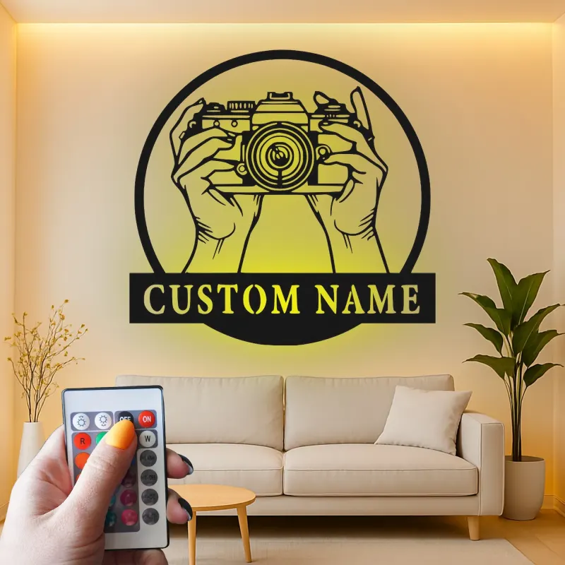 Fotograf LED-Schild | Individuelle Metall-Wandkunst für Studio-Dekor | Personalisierte Vintage-Kamera-Geschenk