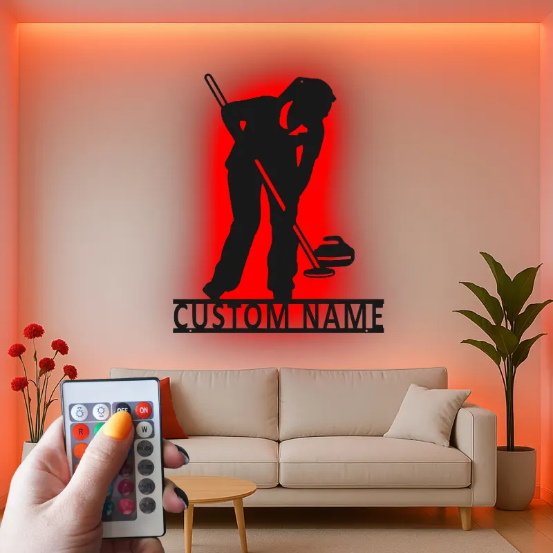 Insegna in metallo con giocatore di curling e luce LED - Regalo sportivo per appassionati di curling - Decorazione per sala giochi