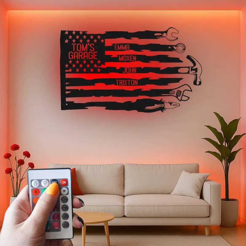Insegna personalizzata per garage con LED | Arte murale in metallo con attrezzi personalizzata | Decorazione officina patriottica | Regalo per papà