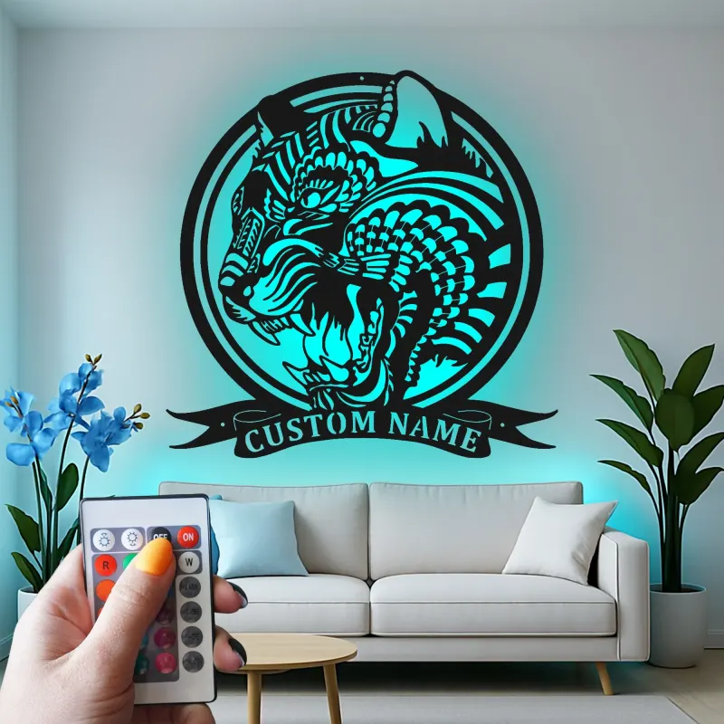 Arte in metallo LED Tigre Ruggente | Insegna personalizzata per Man Cave | Decorazione per sala giochi con nome personalizzato | Luce silhouette animale feroce