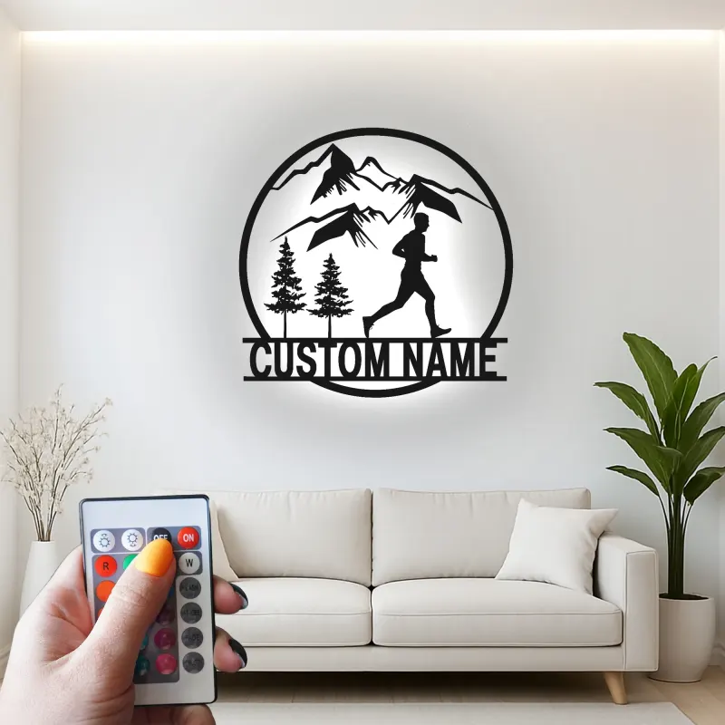 Custom Trail Runner Metal Art | Personalized LED Sign for Mountain Runner | Hiking & Outdoor Wall Decor Gift
