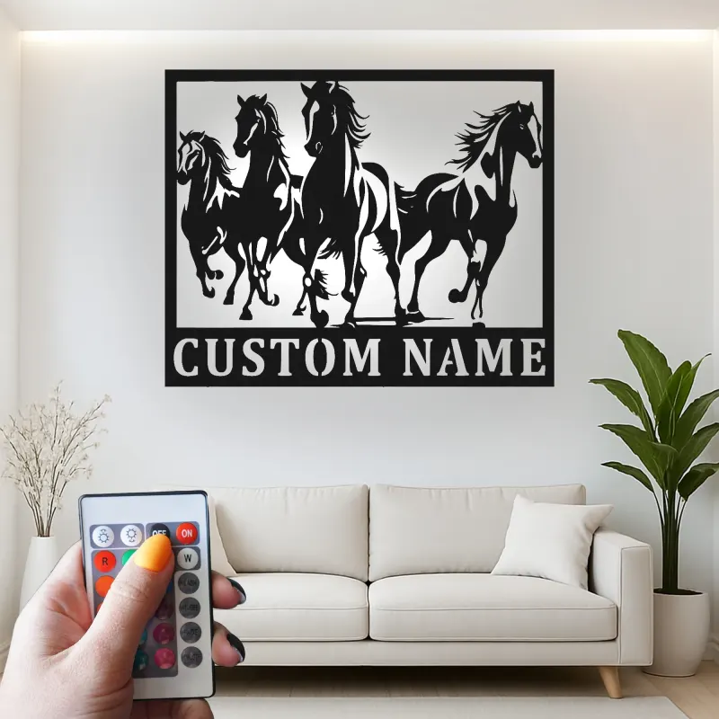 Insegna in metallo personalizzata con LED per cavallo | Arte murale equestri personalizzata | Decorazione per ranch e fienile per amanti dei cavalli