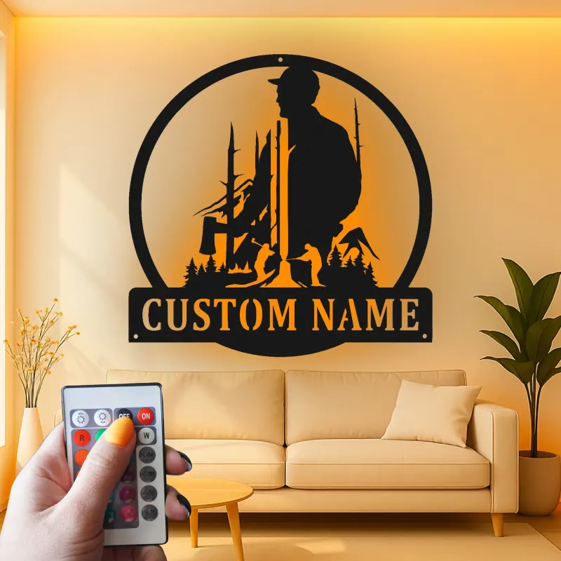 Lumberjack Silhouette Metal Sign | Custom LED Name Art | Rustic Cabin Decor & Woodsman Gift