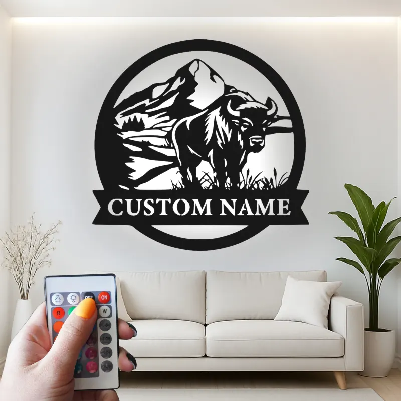 Custom Bison Mountain Led Light Metal Wall Art Personalized Wildlife Gift Rustic Living Room Decor