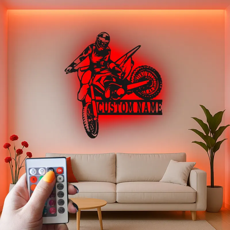 Custom Motocross Rider Led Light Metal Wall Art Personalized Gift for Dirt Bike Enthusiasts Garage or Man Cave Decor 3
