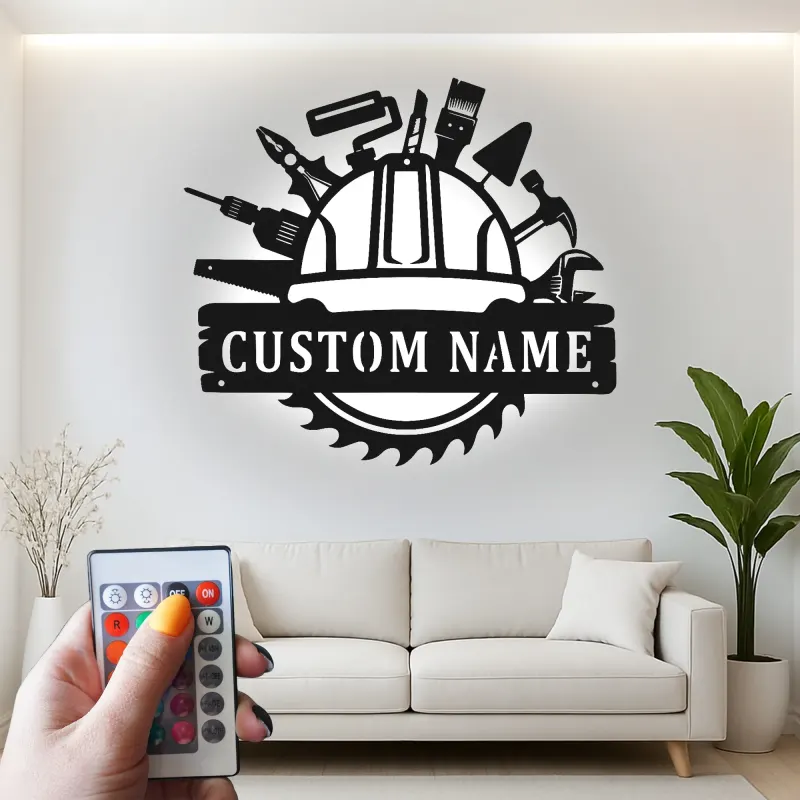 Cartel de metal personalizado con luz LED de herramientas de construcción, regalo personalizado para la decoración de talleres o garajes