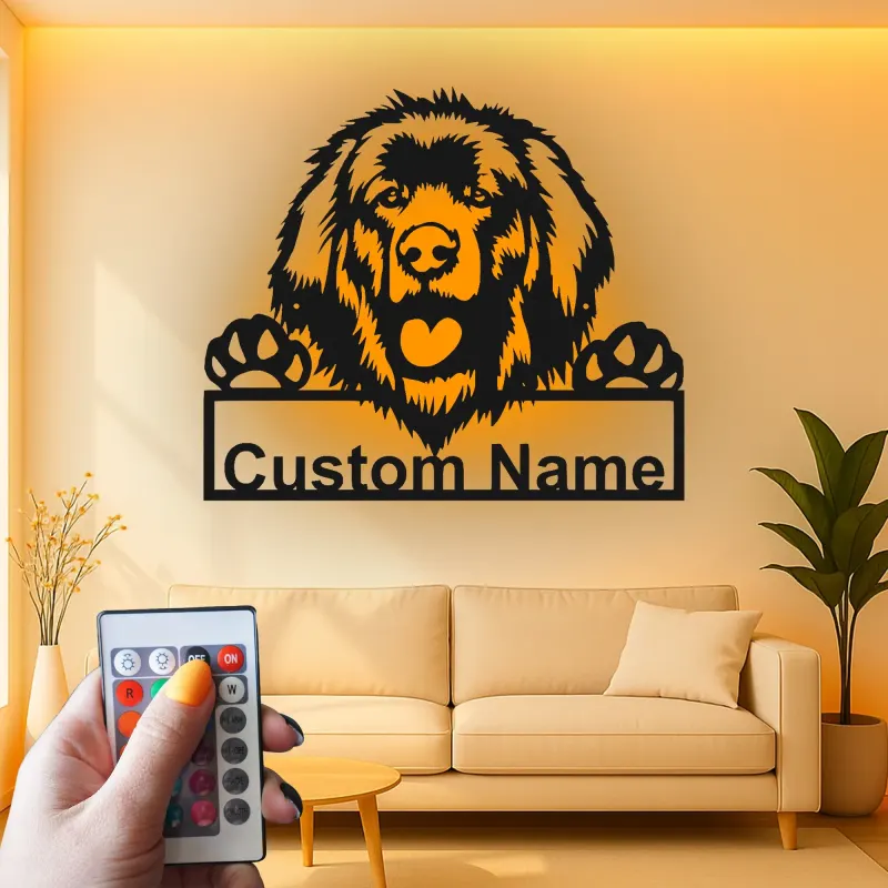Cartel de metal personalizado con luz LED de perro de Terranova, regalo para padres de mascotas, decoración de salón o entrada 1