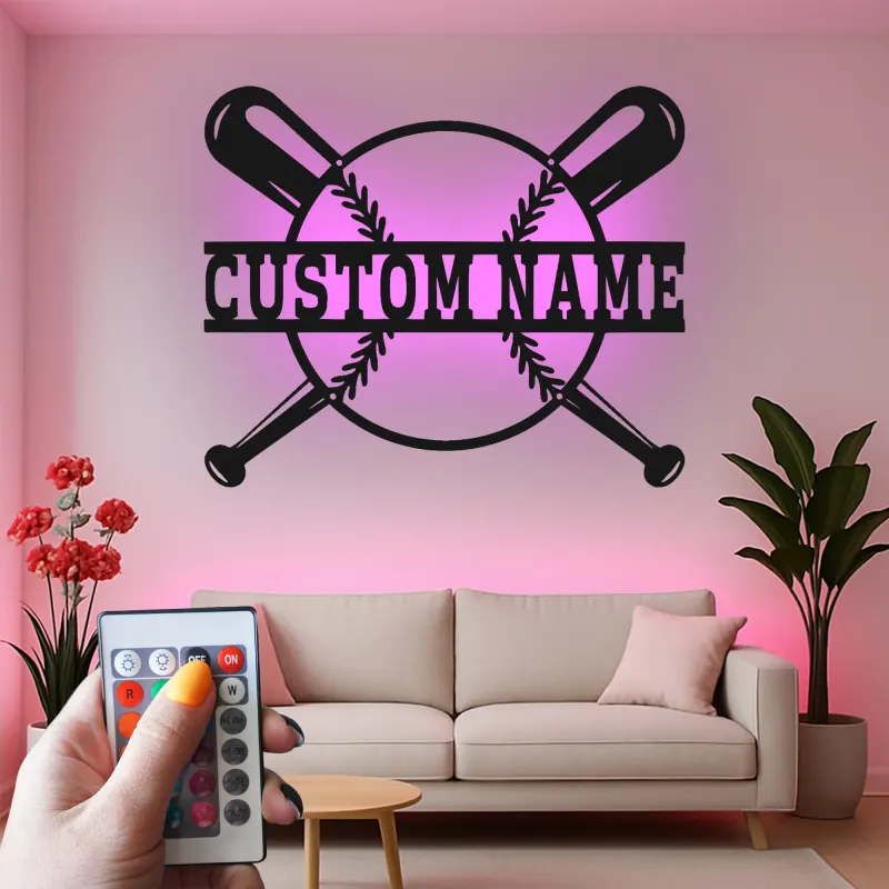 Insegna in metallo LED personalizzata con baseball - Regalo per appassionati di sport e decorazione per sala giochi