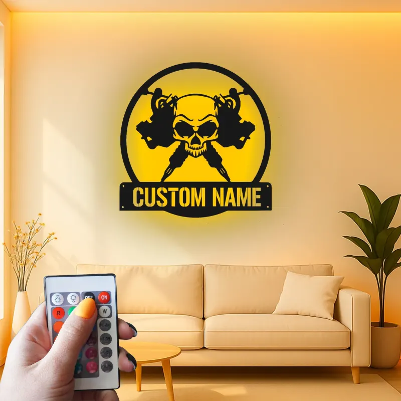 Personalisierte Skull LED-Leuchtschilder | Individuelles Metallschild für Tattoo-Studios | Edles Dekor für Tattoo-Studios und Künstlergeschenke