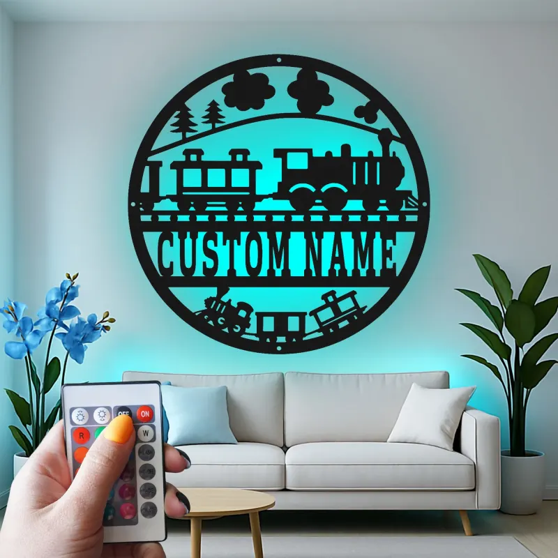 Décoration murale en métal personnalisée avec train en rétroéclairage - Cadeau pour enfants - Décor de chambre de bébé