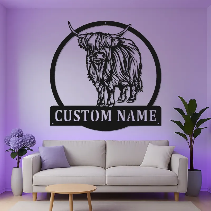 Décoration murale LED en métal Highland Cow | Enseigne ferme personnalisée | Cadeau déco rustique sur mesure pour amoureux des vaches