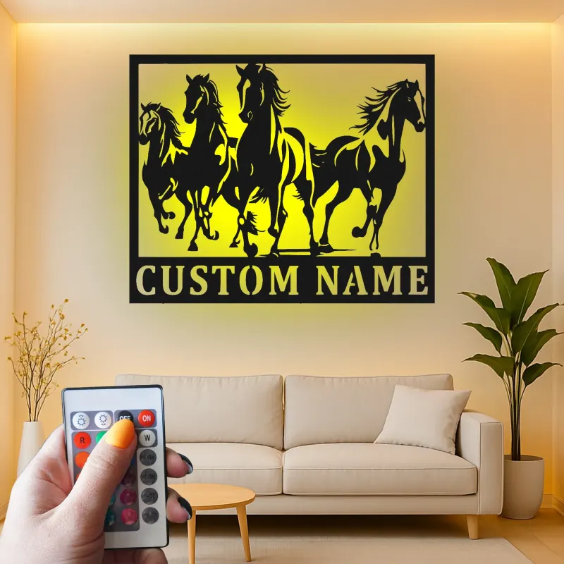 Insegna in metallo personalizzata con LED per cavallo | Arte murale equestri personalizzata | Decorazione per ranch e fienile per amanti dei cavalli