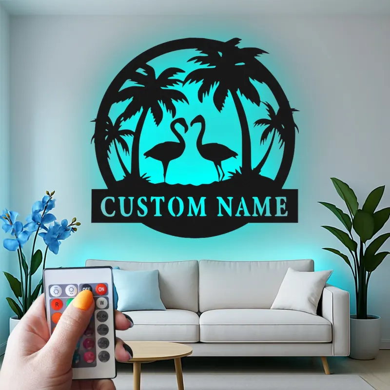 Insegna LED personalizzata con fenicottero | Arte tropicale in metallo su misura | Decorazione con nome per casa al mare | Decorazione murale per coppie
