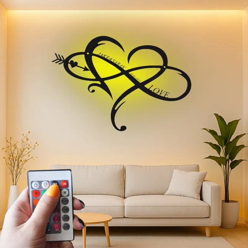 Signe LED en métal cœur infini personnalisé | Décoration murale avec nom et date | Cadeau romantique d’anniversaire pour couple | Déco chambre