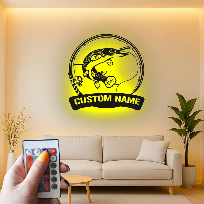 Cartel de Pesca Personalizado con LED | Arte Mural de Metal para Pescadores | Decoración para Casa de Campo y Cueva de Hombre