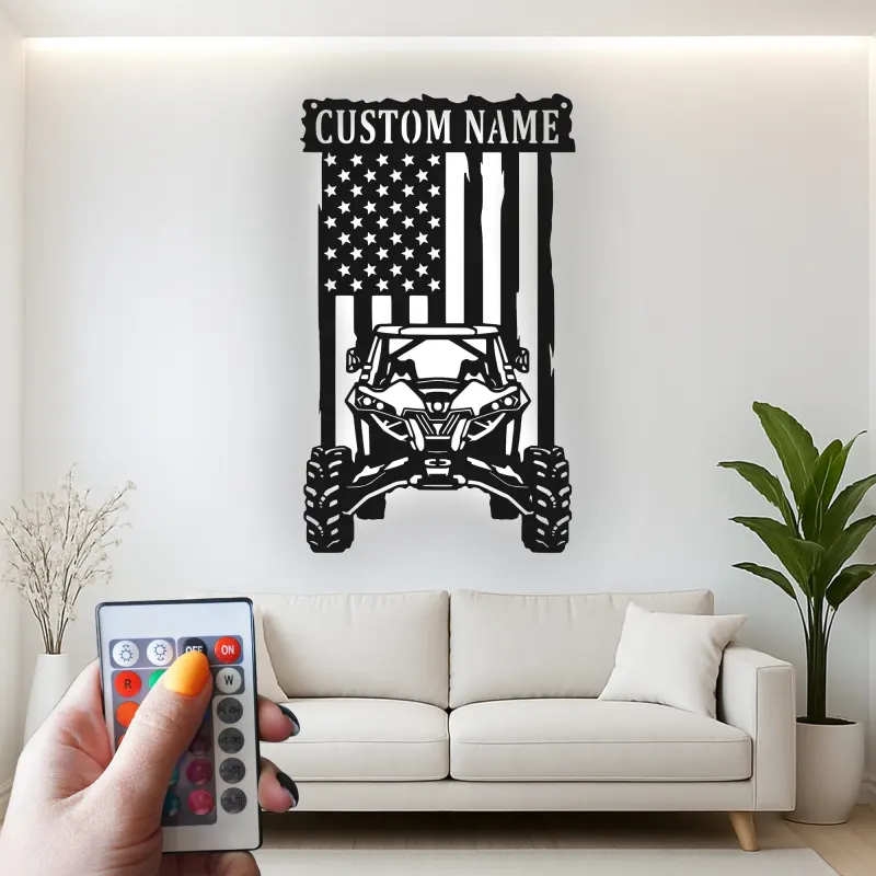Insegna in metallo LED personalizzata con bandiera americana per ATV - Regalo per appassionati di fuoristrada, decorazione per garage o man cave