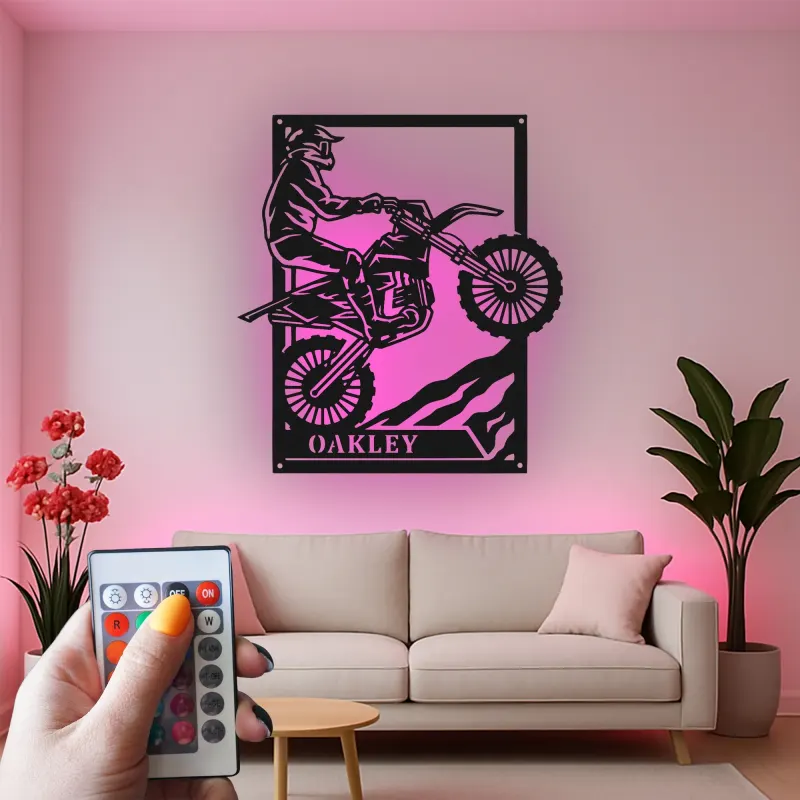 Décoration murale en métal personnalisée pour motocross avec rétroéclairage LED - Cadeau pour lui, décoration de garage ou de man cave