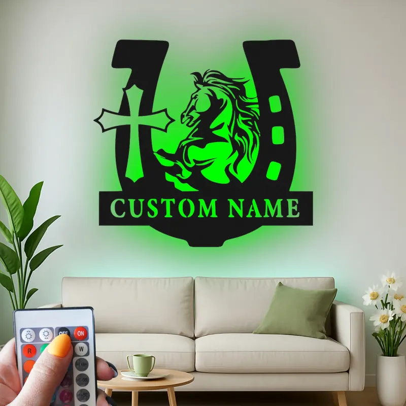 Personalized Horse & Cross LED Sign | Custom Horseshoe Metal Wall Art | Equestrian Gift for Rider | Barn, Stable & Ranch Decor