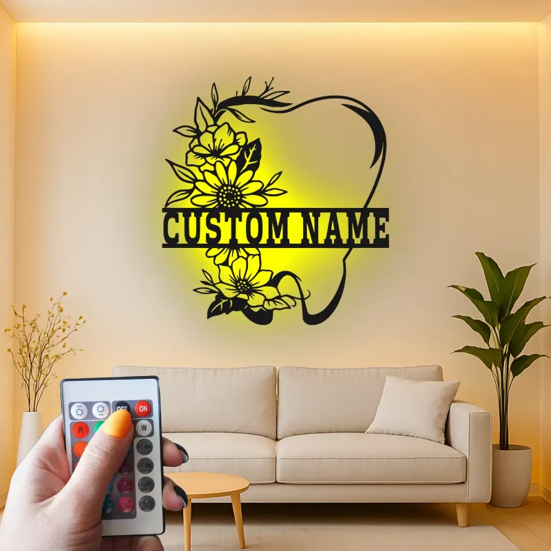 Custom Floral Tooth Led Light Metal Wall Art Personalized Dental Office Decor Unique Dentist Gift