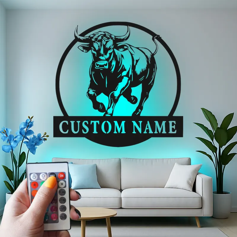 Personalisierte LED-beleuchtete Metall-Wandkunst mit Stier – Geschenk für Ranch-Dekor, Männerraum oder Scheunenwand-Akzent