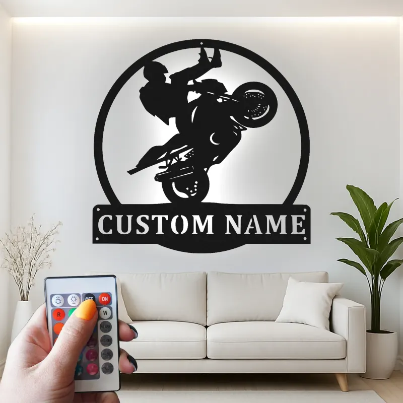 Insegna Wheelie Moto Personalizzata | Arte Murale in Metallo LED per Garage | Targa Nome Personalizzata per Biker | Regalo Stunt Rider