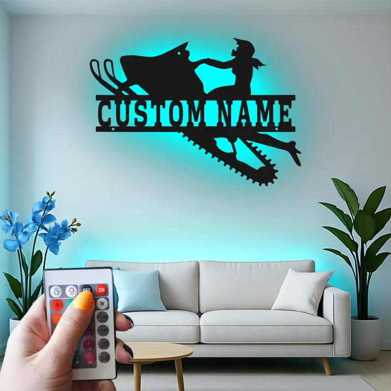 Personalisierte LED-Beleuchtung Metall-Wandkunst für Schneemobilfahrer – Geschenk für Schneemobil-Enthusiasten, Garage oder Hüttendekoration