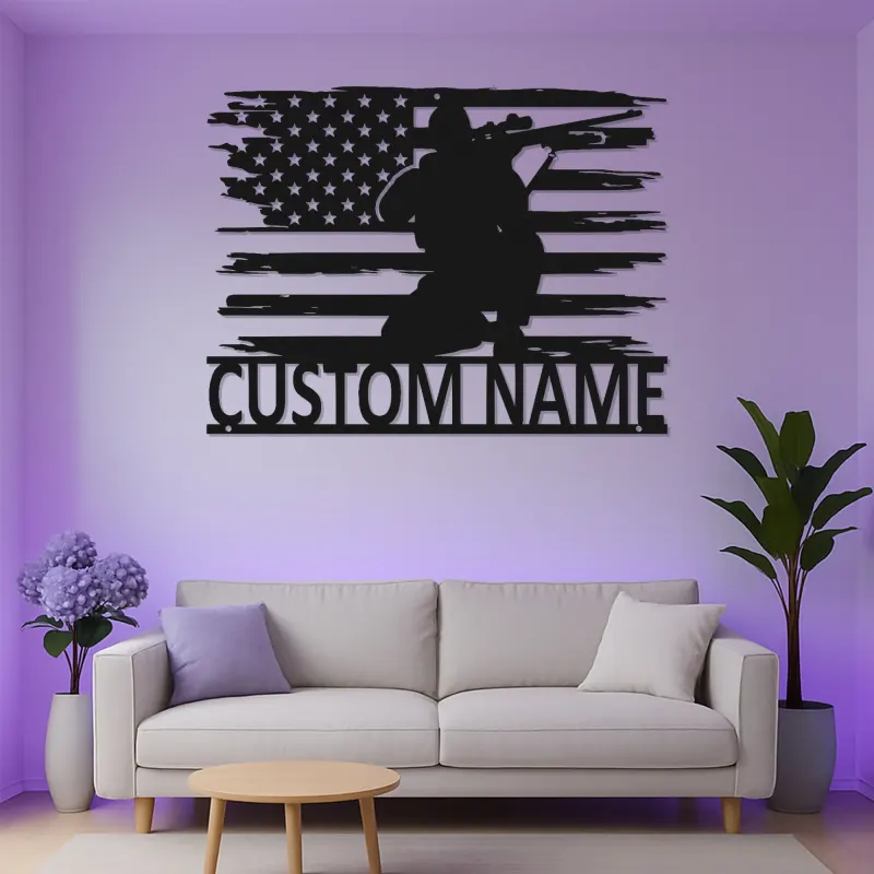 Personalized Sniper Metal Sign | LED American Flag Wall Art | Custom Military Decor for Veteran | Patriotic Man Cave Gift