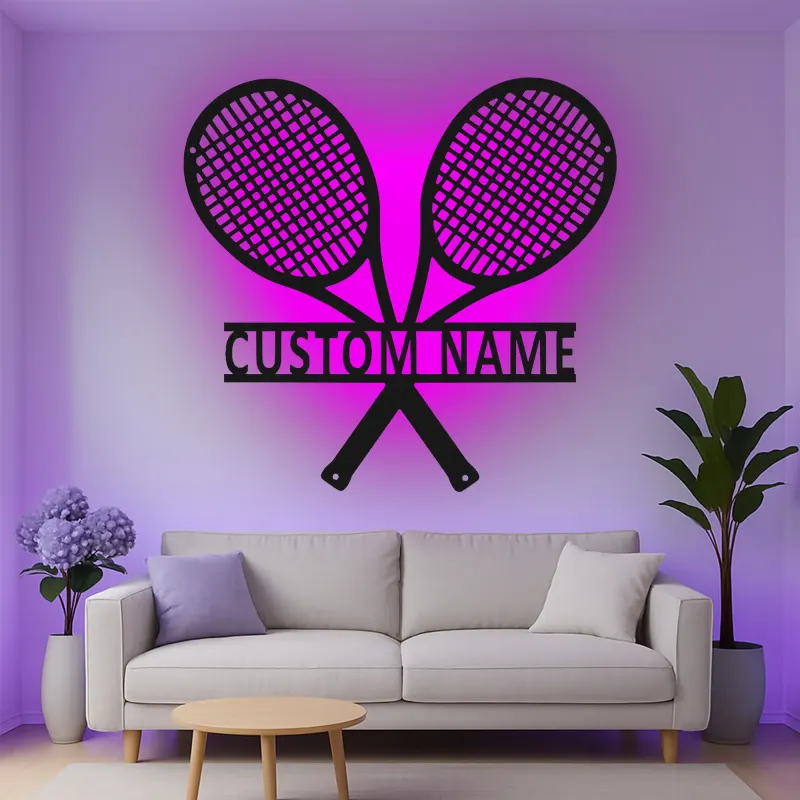 Cartel de metal LED de raquetas de tenis personalizado, regalo para amantes del tenis, decoración de sala de juegos 2