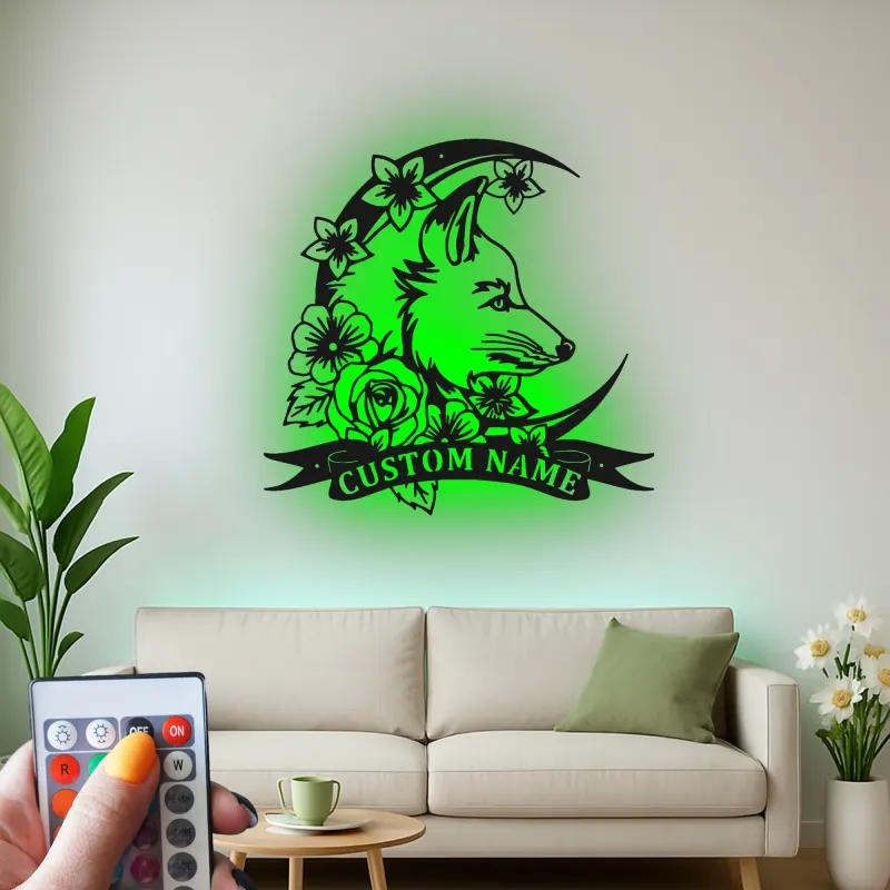 Personalized Fox LED Sign | Custom Metal Wall Art with Floral Moon | Boho Wildlife Decor for Nursery or Office | Hand-Crafted Gift