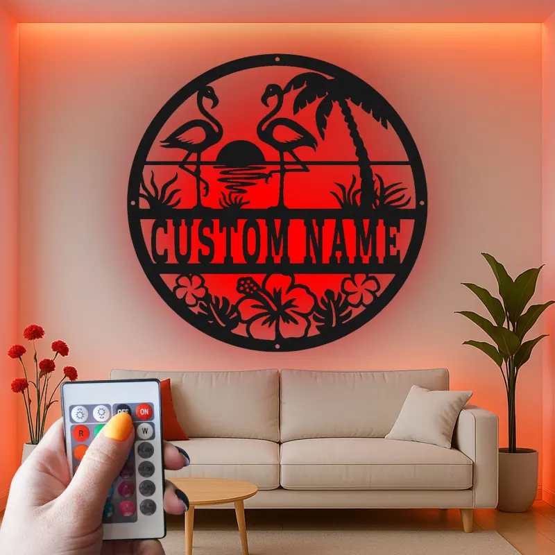 Personalized Flamingo Metal Sign | LED Tropical Wall Art for Patio & Beach House | Custom Name Sunset Decor