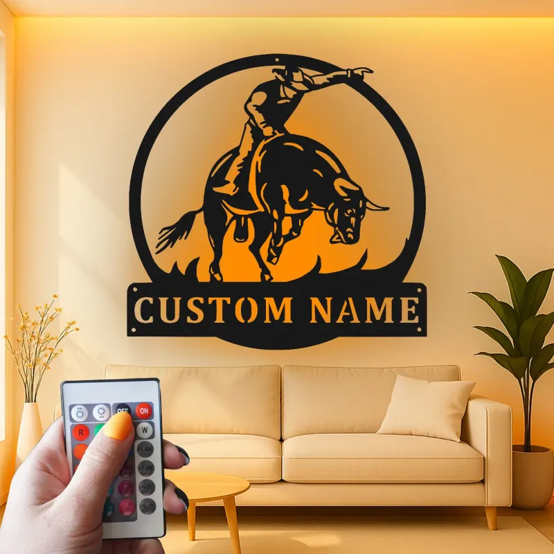 Insegna in metallo personalizzata Rodeo Bull Rider | Arte murale in metallo LED per decorazioni western e ranch | Regalo per cowboy