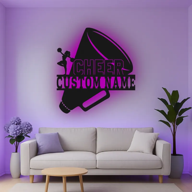 Custom Cheerleader Megaphone Led Light Metal Wall Art Cheer Gift for Teen Girls Bedroom Sports Decor