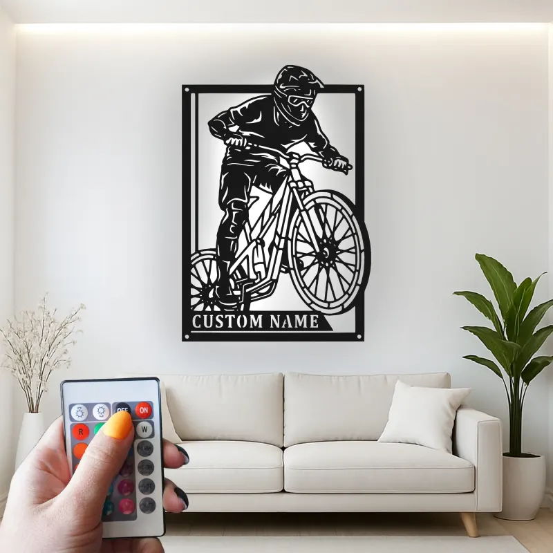 Personalized Mountain Biker LED Sign | Custom Metal Wall Art for Cyclist | Extreme Sports Decor Gift