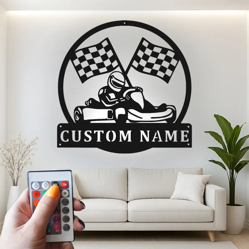 Enseigne métal pilote de karting personnalisée | Décoration murale LED pour garage | Cadeau fan de course | Déco man cave et salle de course
