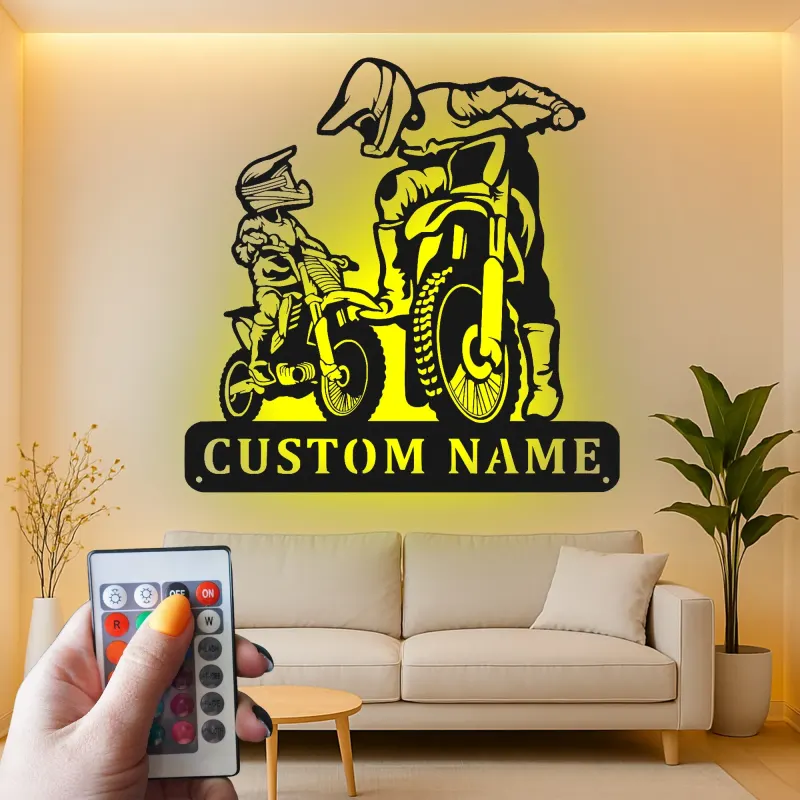 Custom Motocross Riders Led Light Metal Wall Art Personalized Gift for Dirt Bike Enthusiasts Garage or Man Cave Decor 1