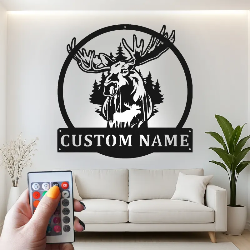 Insegna in Metallo Personalizzata con Alce | Arte Murale Faunistica con LED | Decorazione Rustica per Rifugio o Casa