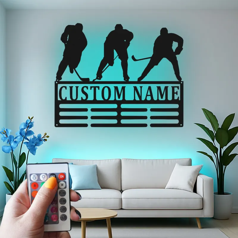 Panneau prénom hockey personnalisé | Décoration murale en métal LED pour salle de jeux | Silhouette de joueur personnalisée | Cadeau pour amateur de sport