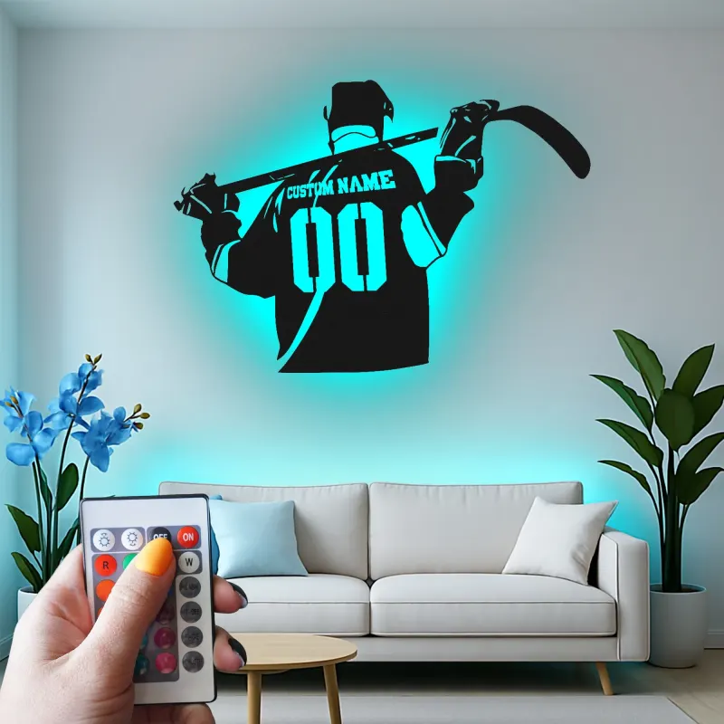 Cartel LED personalizado de jugador de hockey | Decoración mural de metal a medida | Decoración para habitación de aficionados al deporte y regalo para deportistas