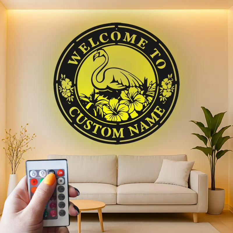 Individuelles Flamingo LED Schild | Personalisierte Metall Wandkunst | Tropische Hibiskus Willkommensdekoration für Terrasse & Außenbereich | Einweihungsgeschenk Idee